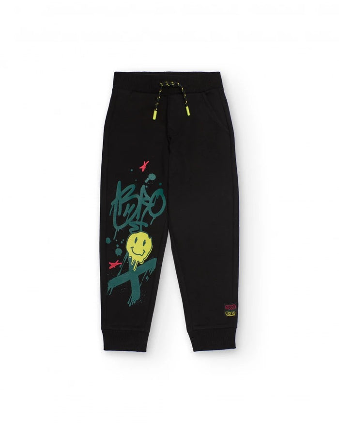 Black jogger pants for boys with graffiti-style print