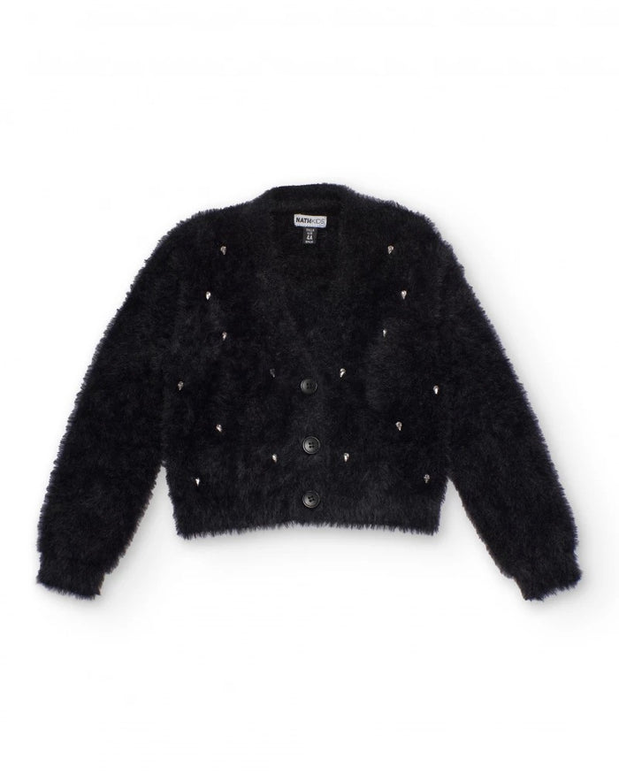 Black knitted cardigan for girls with shiny appliqués