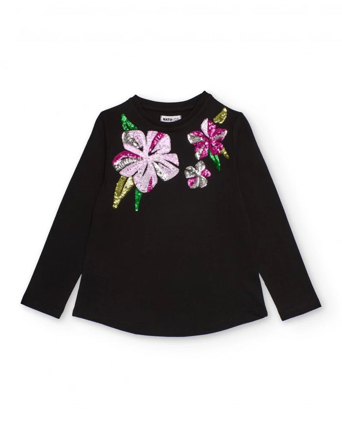 Black long-sleeve t-shirt with sequin flowers for girls