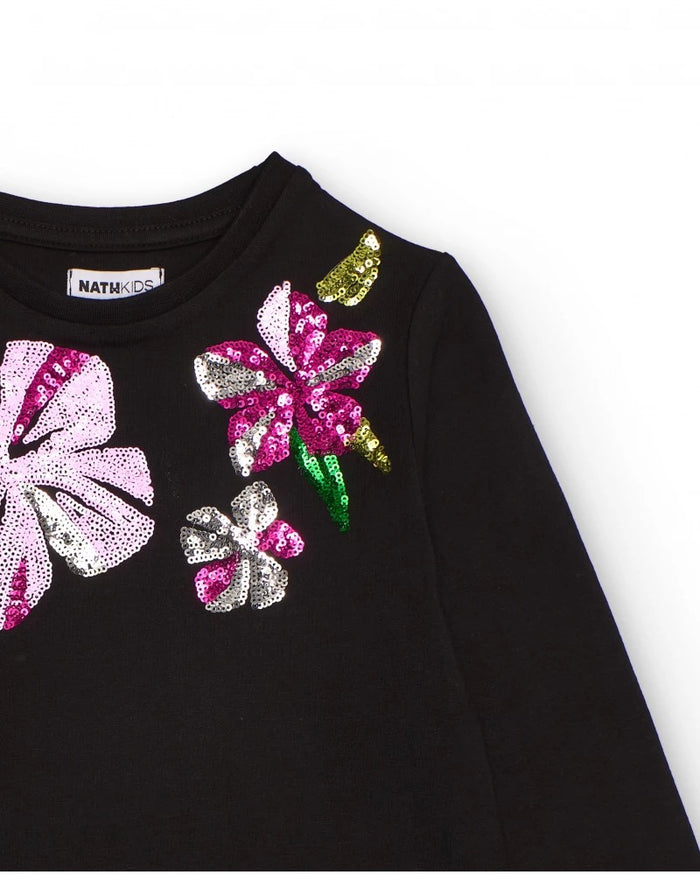 Black long-sleeve t-shirt with sequin flowers for girls