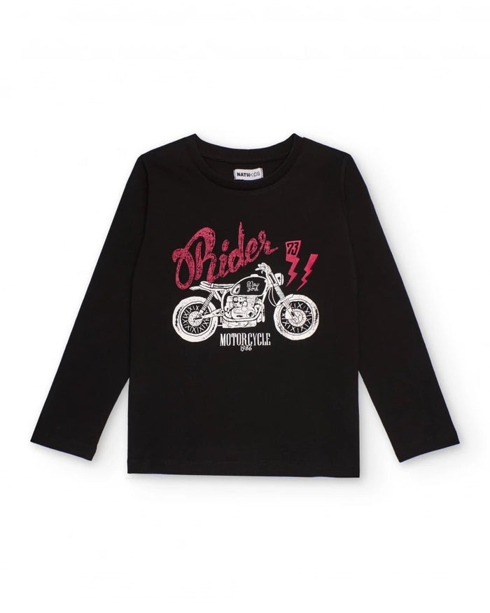 Black long-sleeved T-shirt for boys with motorcycle print