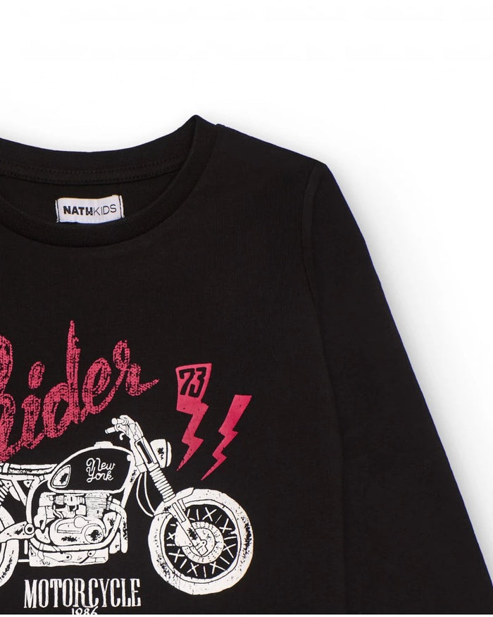 Black long-sleeved T-shirt for boys with motorcycle print