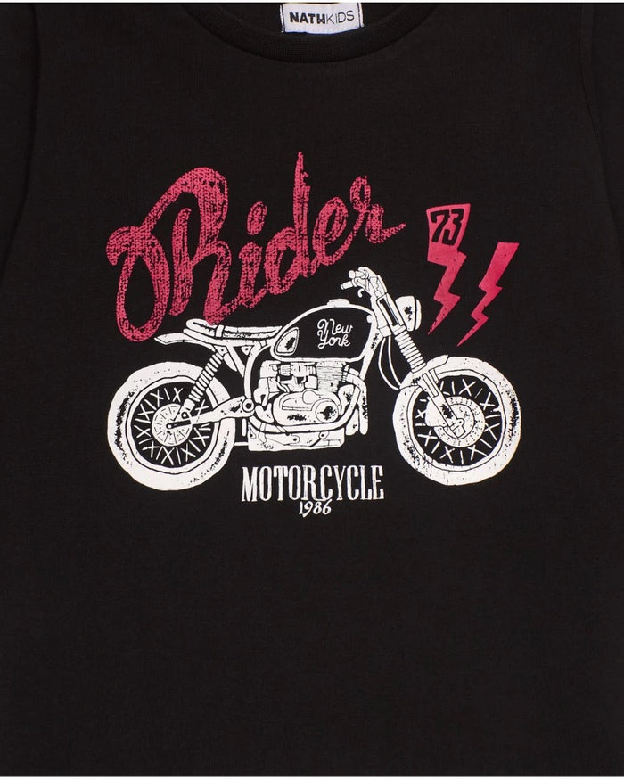 Black long-sleeved T-shirt for boys with motorcycle print