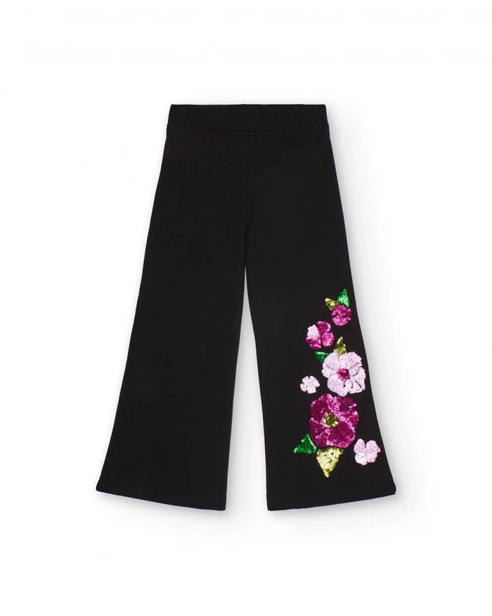 Black pants for girls with sequin floral appliqués