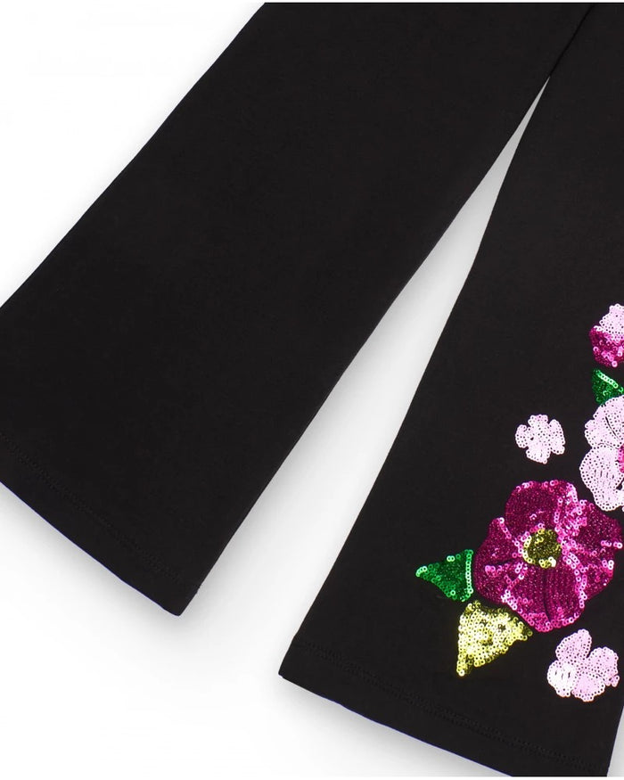 Black pants for girls with sequin floral appliqués