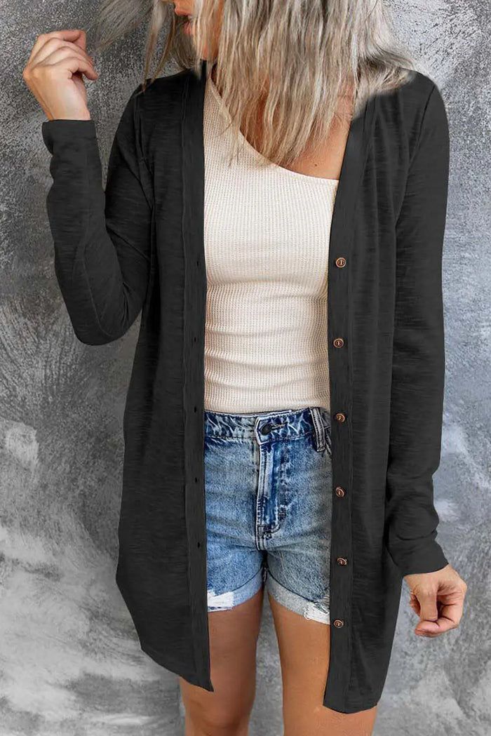 Black Solid Colour Open-Front Buttons Cardigan - S / 95% Polyester + 5% Elastane - Sweaters & Cardigans/Cardigans
