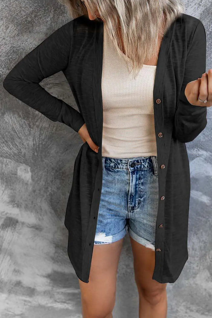 Black Solid Colour Open-Front Buttons Cardigan - Sweaters & Cardigans/Cardigans