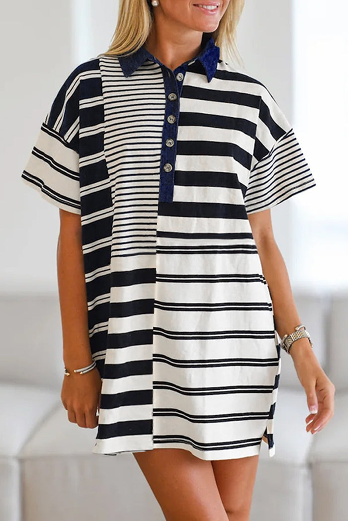 Black Stripe Half Placket Polo T Shirt Dress - S / 95% Cotton + 5% Elastane - Dresses/T Dresses
