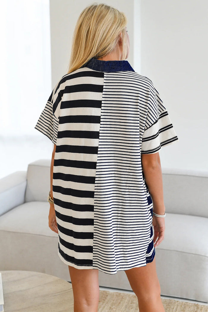 Black Stripe Half Placket Polo T Shirt Dress - Dresses/T Dresses
