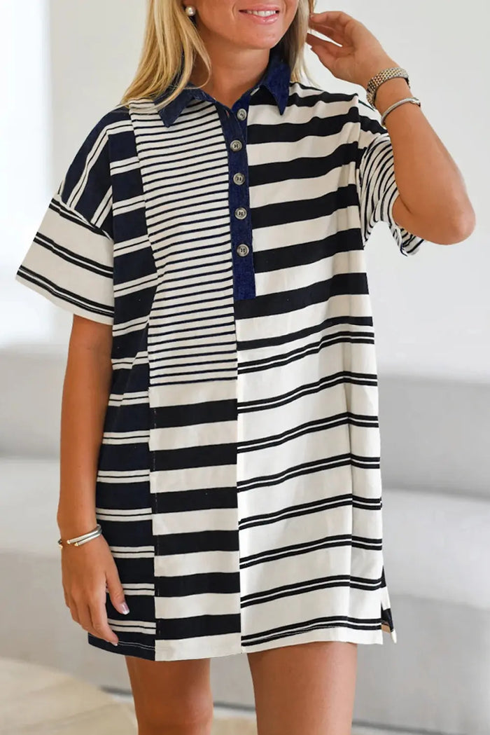 Black Stripe Half Placket Polo T Shirt Dress - Dresses/T Dresses