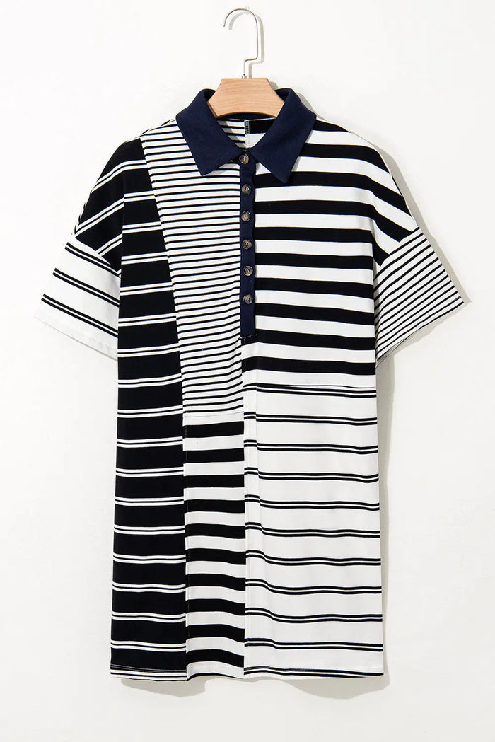 Black Stripe Half Placket Polo T Shirt Dress - Dresses/T Dresses