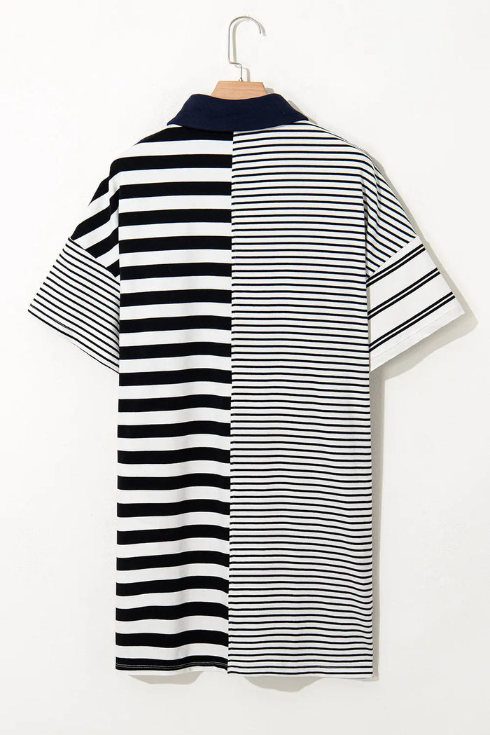 Black Stripe Half Placket Polo T Shirt Dress - Dresses/T Dresses