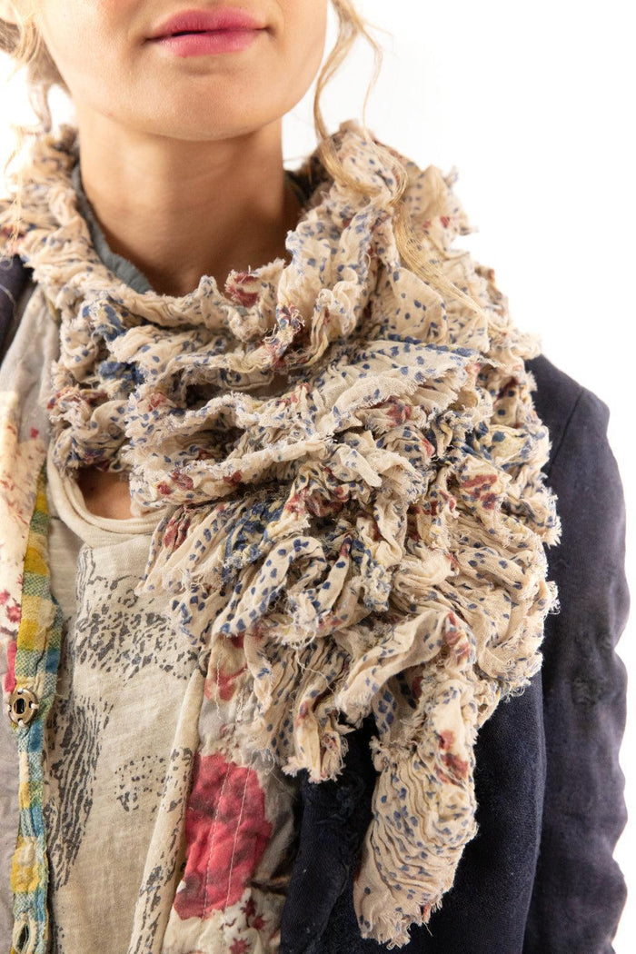 Magnolia Pearl artisan ruffled scarf with whimsical floral print, vintage layered clothing style