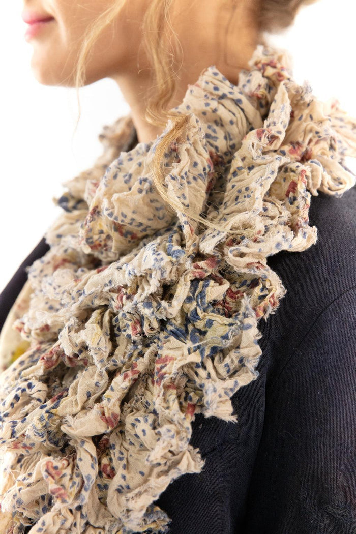 Magnolia Pearl artisan ruffled floral scarf with vintage whimsical design on woman