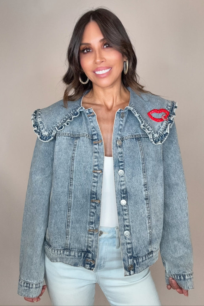 Style the Blue B Ruffled Collar Denim Jacket exclusively at Born To Glam