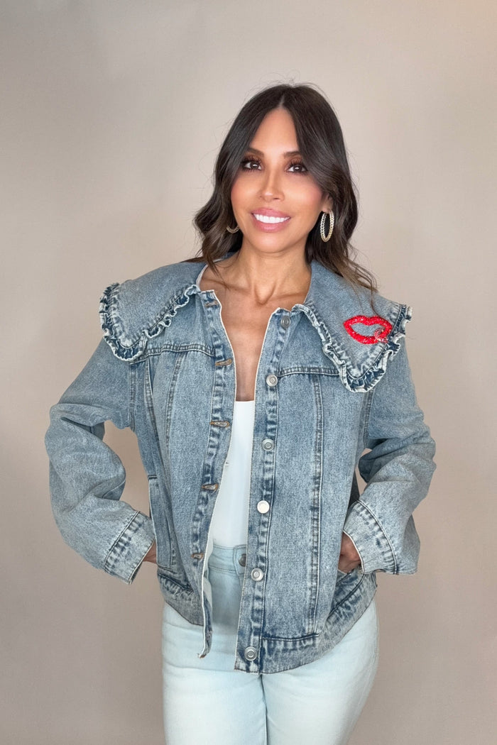 Style the Blue B Ruffled Collar Denim Jacket exclusively at Born To Glam