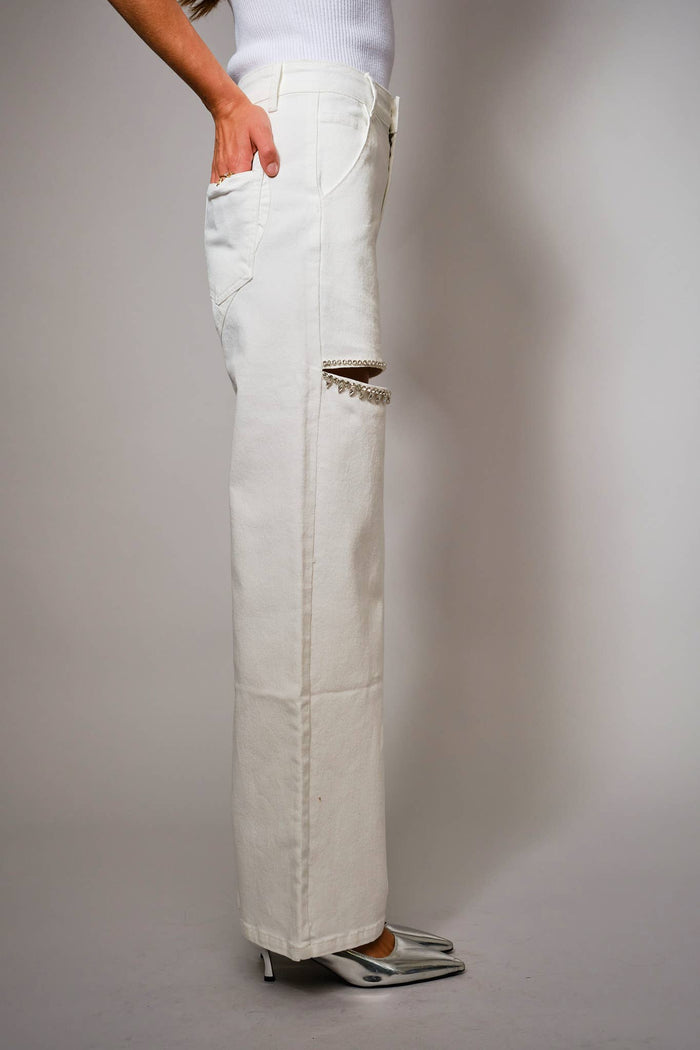 Style the Blue B White Cut Out Front Rhinestone Washed Denim Jeans exclusively at Born To Glam