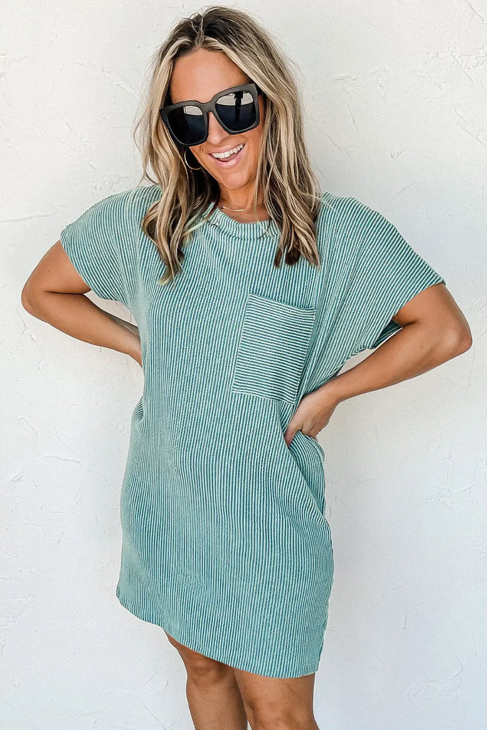 Blue Striped Ribbed Knit T-shirt Shift Dress - Dresses/T Shirt Dresses
