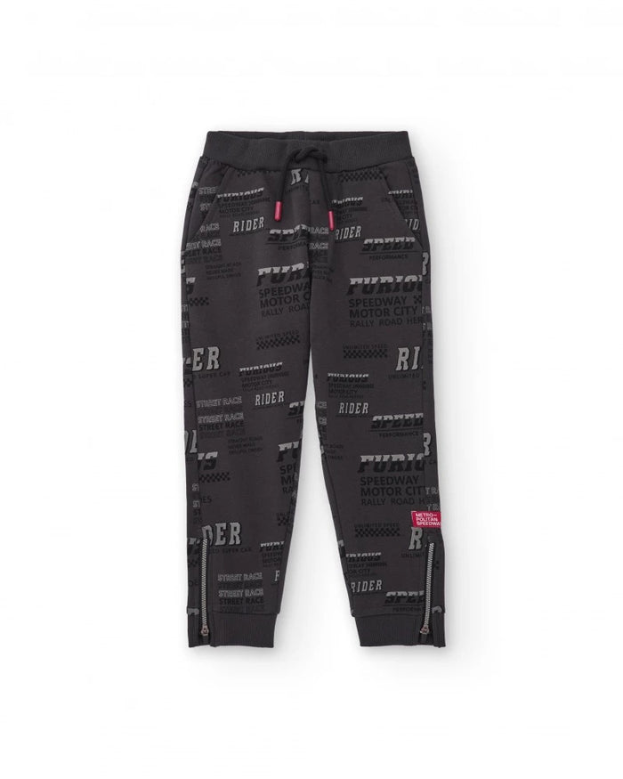 Boys' dark grey fleece pants with text print