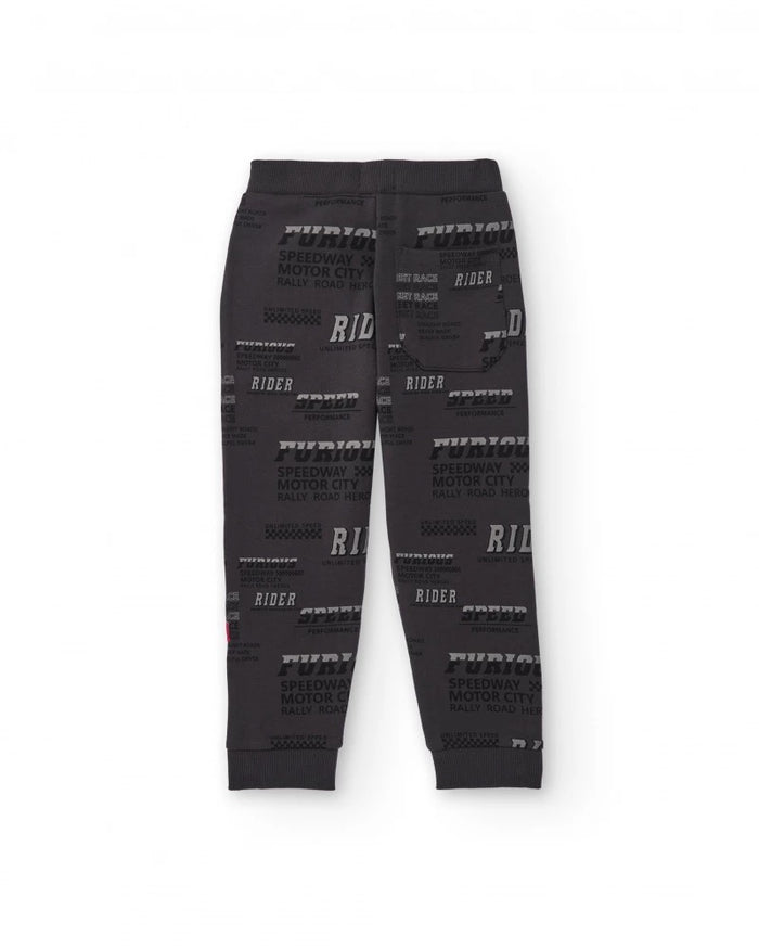 Boys' dark grey fleece pants with text print