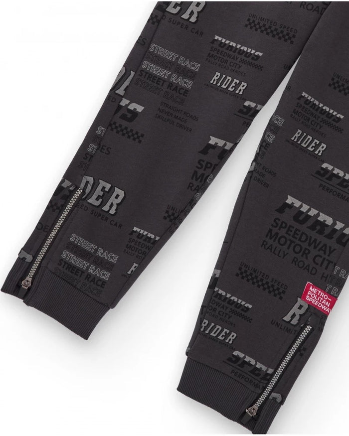 Boys' dark grey fleece pants with text print
