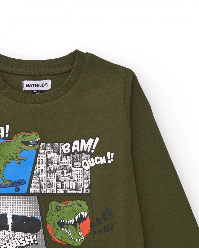 Boys’ T-shirt with comic-style dinosaur print