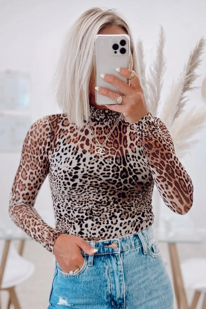 Brown Leopard Smocked Neck Mesh Long Sleeve Bodysuit - Tops/Bodysuits