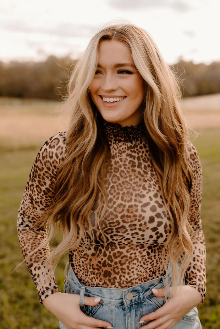 Brown Leopard Smocked Neck Mesh Long Sleeve Bodysuit - Tops/Bodysuits