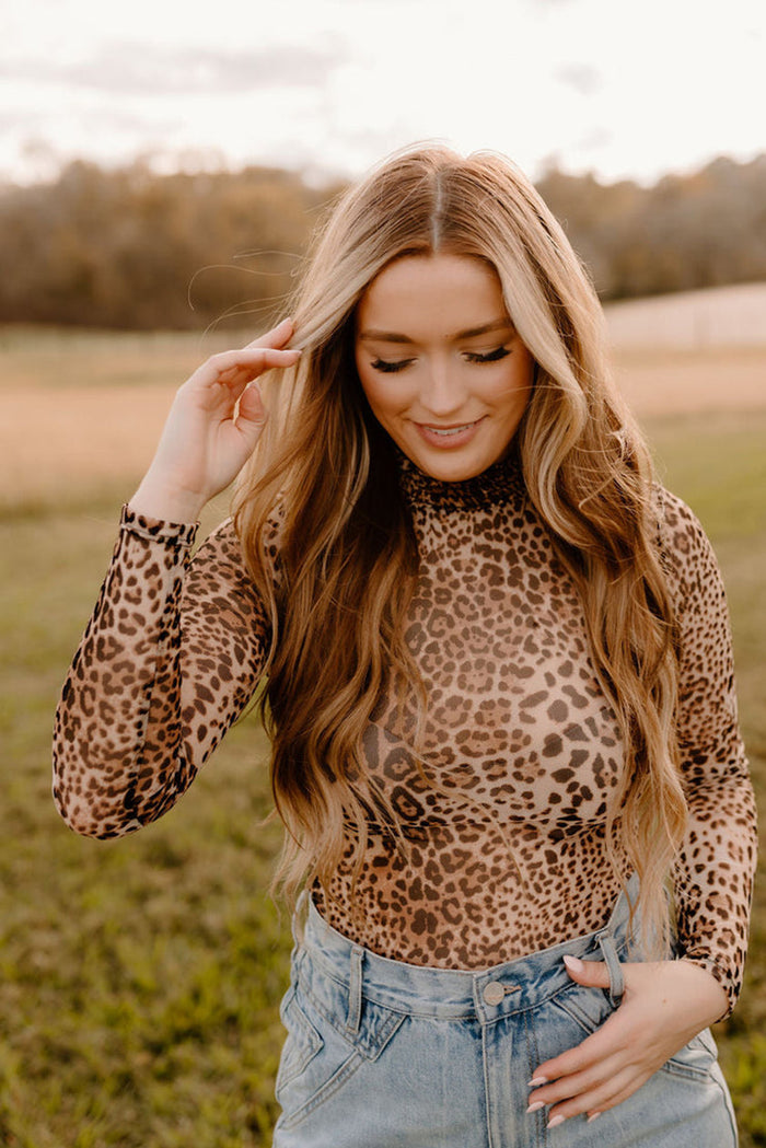 Brown Leopard Smocked Neck Mesh Long Sleeve Bodysuit - Tops/Bodysuits