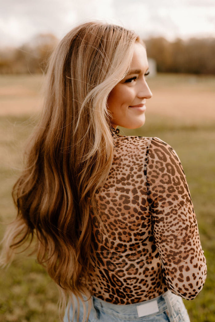 Brown Leopard Smocked Neck Mesh Long Sleeve Bodysuit - Tops/Bodysuits