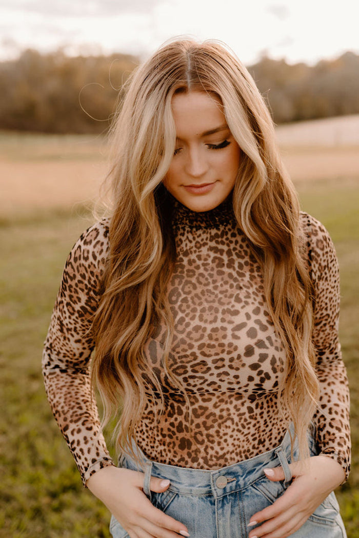 Brown Leopard Smocked Neck Mesh Long Sleeve Bodysuit - Tops/Bodysuits
