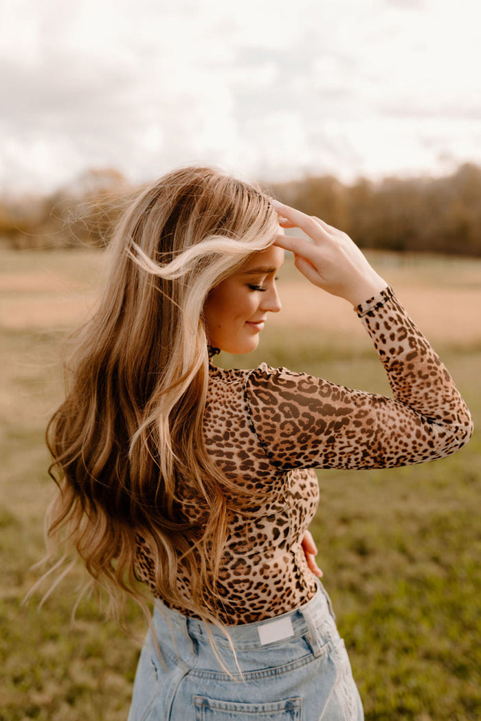 Brown Leopard Smocked Neck Mesh Long Sleeve Bodysuit - Tops/Bodysuits