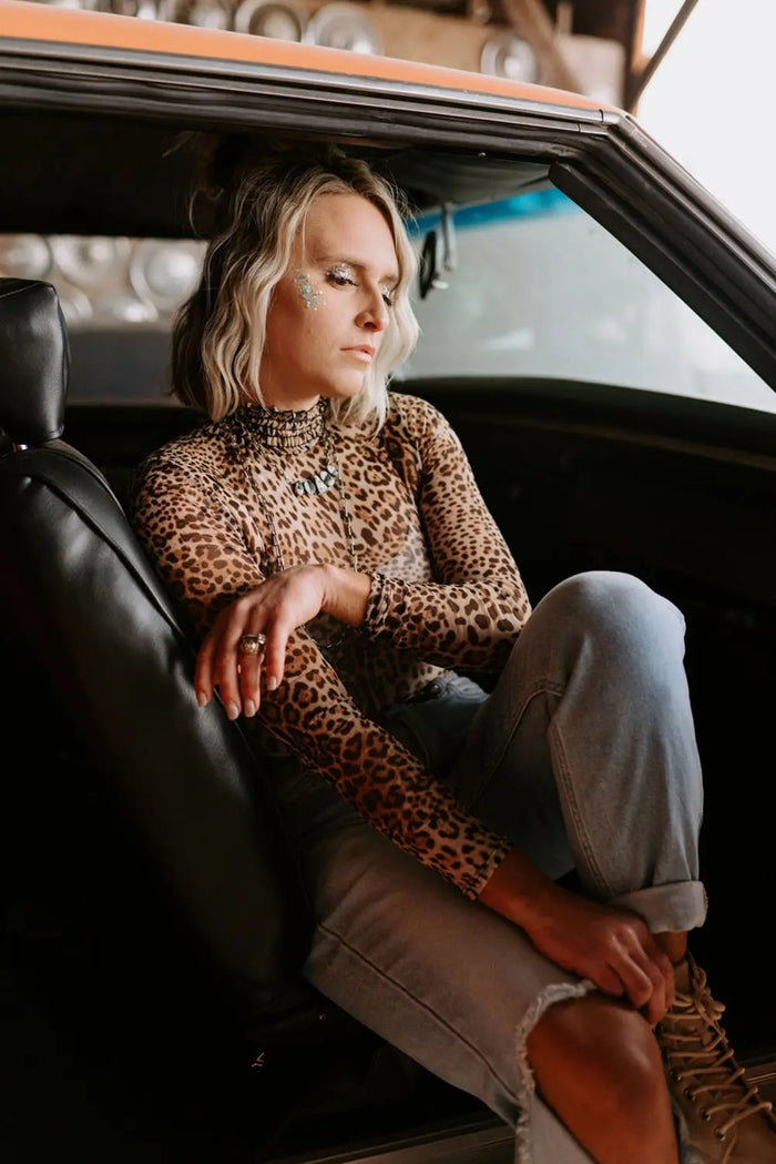 Brown Leopard Smocked Neck Mesh Long Sleeve Bodysuit - Tops/Bodysuits