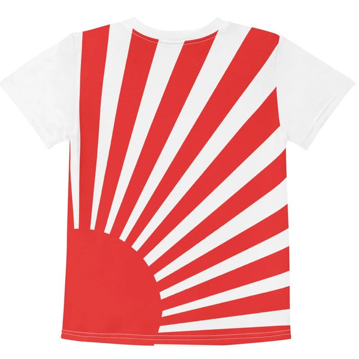 Buff Sunrise Kid's Tee - The juxtaposition of the distinct goldenrod yellow (#DAA520) three-pointed crown-fin atop a hyper-developed terracotta orange (#CC5500) bodybuilder physique, set against a radial sunburst of crisp bright white (#FFFFFF) and vibrant crimson red (#DC143C) rays.