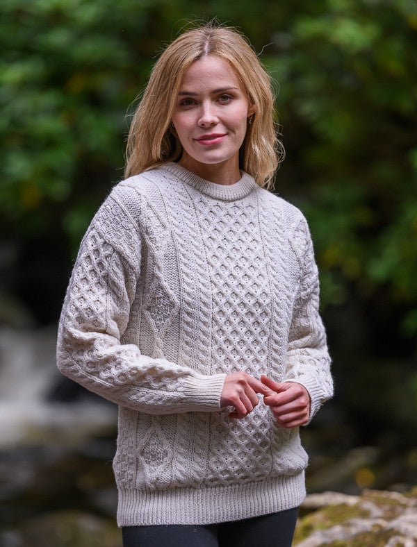 Cable Knit Crew Neck Aran Wool Sweater - Natural White #color_natural-white