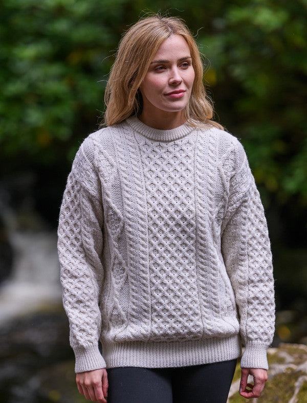Cable Knit Crew Neck Aran Wool Sweater -  Natural White #color_natural-white