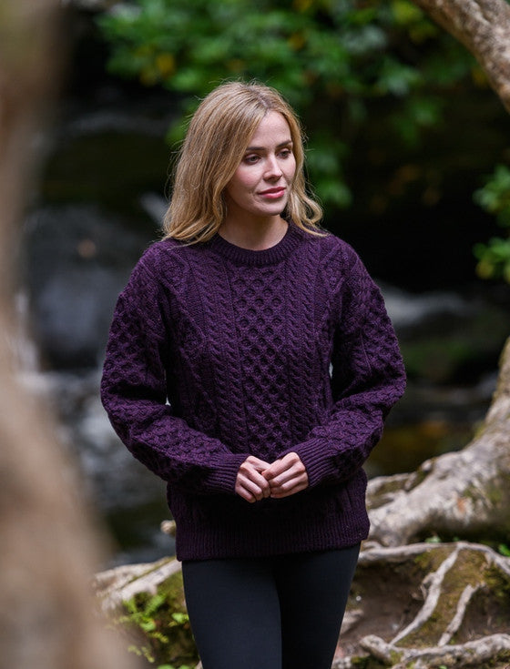 Cable Knit Crew Neck Aran Wool Sweater -  Grape #color_grape