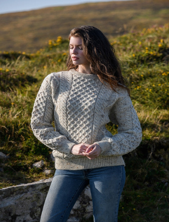Cable Knit Crew Neck Aran Wool Sweater - White with Fleck #color_white-with-fleck
