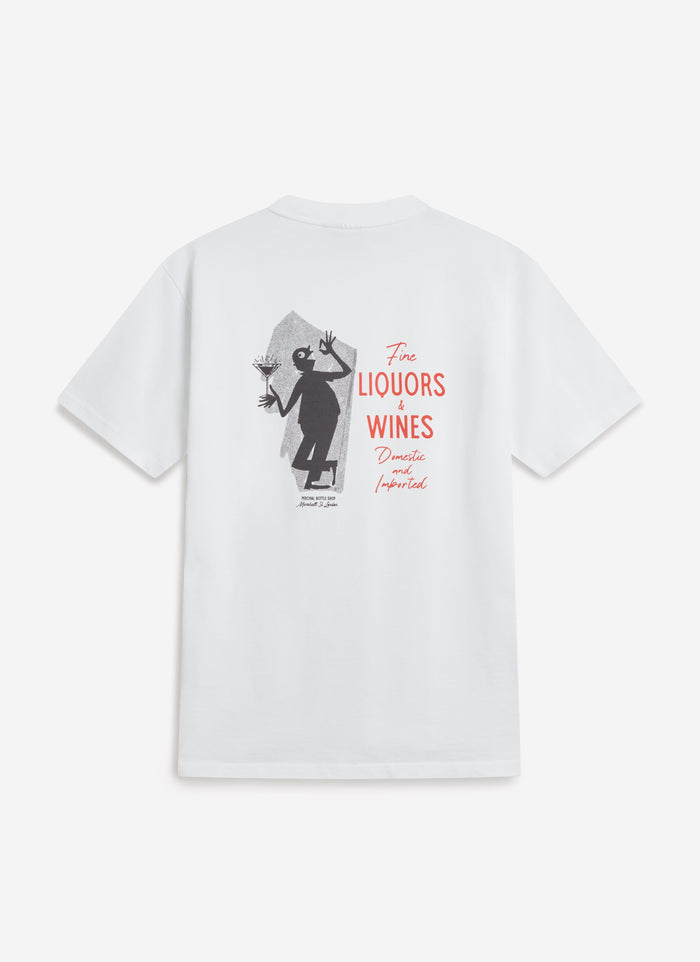 A flat lay of the back of the Percival Carlo Mixologist T-Shirt in white, showing the vintage-inspired cocktail graphic.