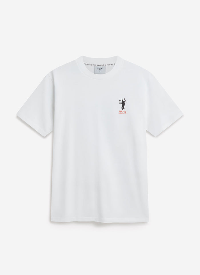 A flat lay of the white organic cotton Carlo Mixologist T-shirt by Percival, showing the signature chest graphic.