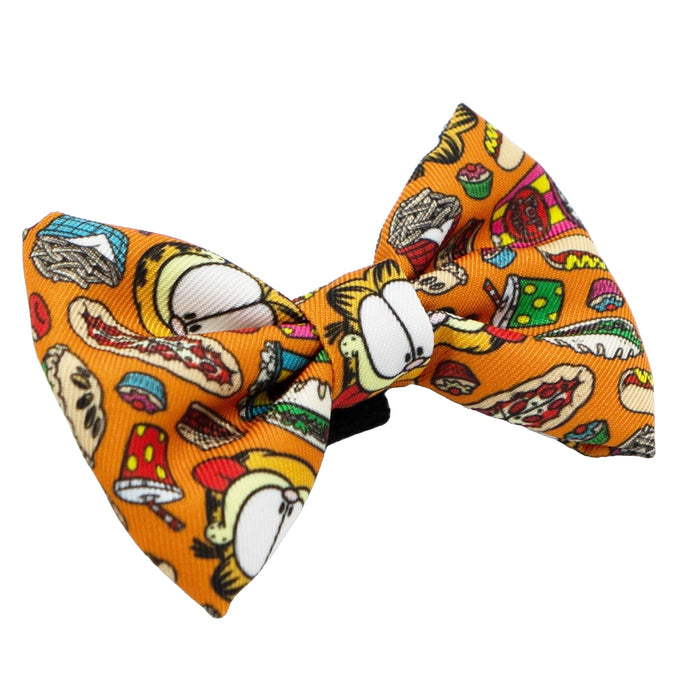The Sassy Woof Cat Bowtie - Garfield™ features cartoon images of Garfield with pizza, hot dogs, burgers, tacos, and more on a white background.
