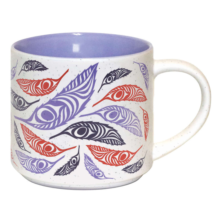 Ceramic Mug - Feather featuring Indigenous artwork with colorful feather designs on a speckled matte surface.