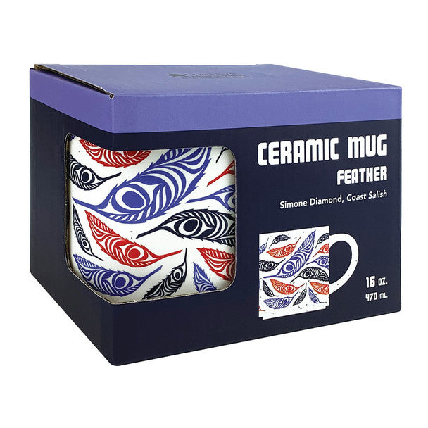 Ceramic mug with feather design in packaging on a white background