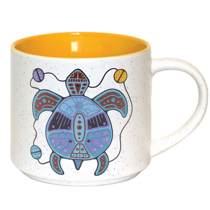 Ceramic Mug - Turtle featuring Indigenous artwork with a speckled matte exterior and glossy yellow interior.