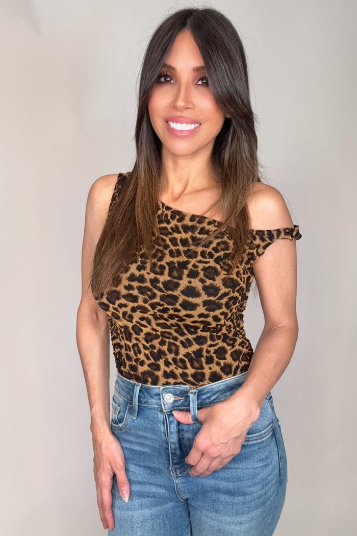 Style the Cheetah Print Elevated Basics Single Off Shoulder Top exclusively at Born To Glam