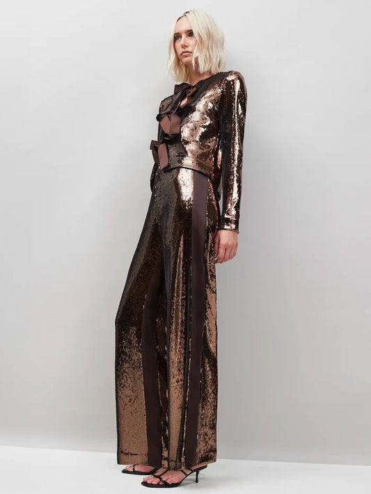 Chocolate Brown Sequinned Satin-Stripe Trousers