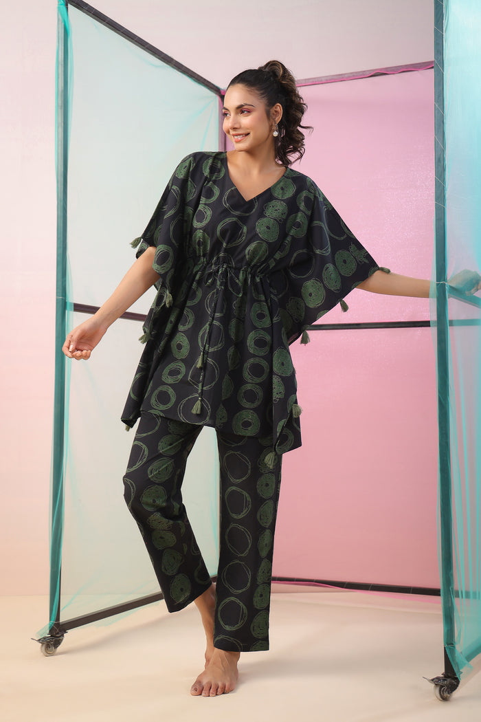 Circles on Black Kaftan Cotton Co-ord Set