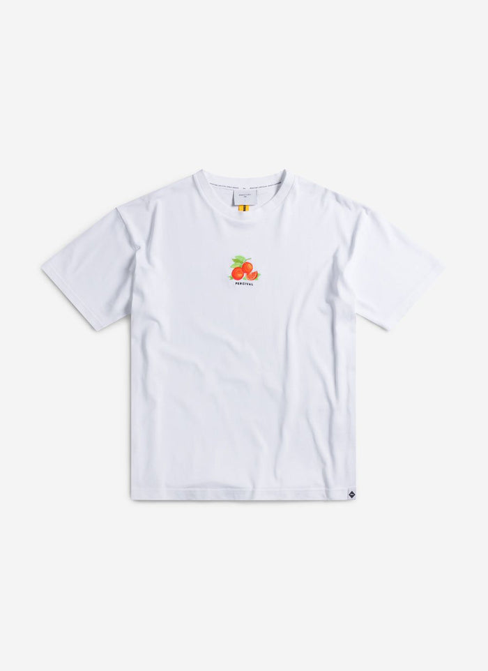 Percival Citrus oversized t-shirt in white with embroidered orange graphic.