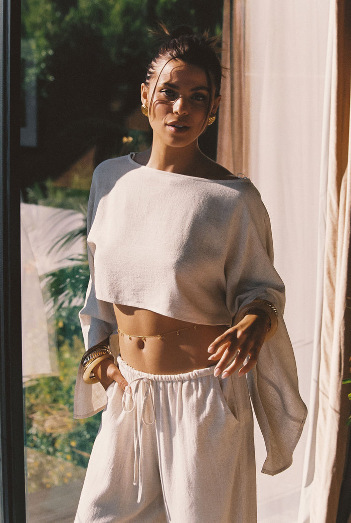 Clear Breeze Natural Linen Pants paired with complementary accessories for a polished look.