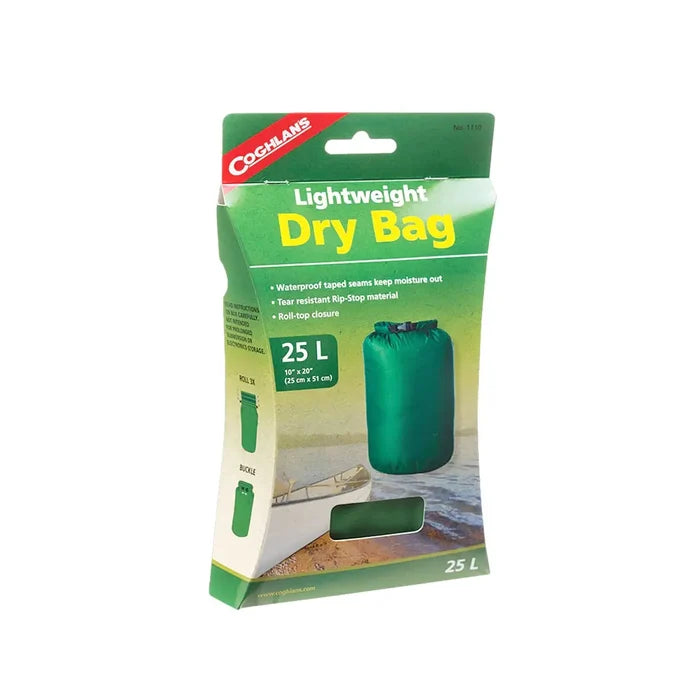 Coghlans 25 litre green dry bag packaging on a white background